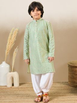 Sanwara - Boys Printed Sequins Green Kurta with Pyjama (Set of 2)