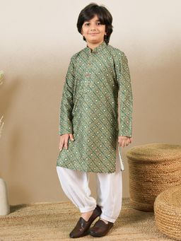 Sanwara - Boys Printed Sequins Green Kurta with Pyjama (Set of 2)