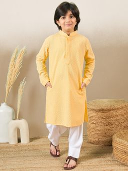 Sanwara - Boys Stylish Chikankari Embroidered Yellow Kurta with Pyjama (Set of 2)