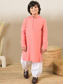Sanwara - Boys Cotton Silk Solid Pink Kurta with Pyjama (Set of 2)