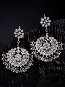 Karatcart - Antique Baby Pink Kundan Studded Oxidised Silver Handcrafted Chandbali Earrings for Women