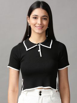 SHOWOFFFF - Womens Shirt Collar Fitted Solid Black Top