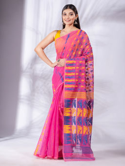 CHARUKRITI - Pink Silk Cotton Handwoven Soft Jamdani Saree with Unstitched Blouse