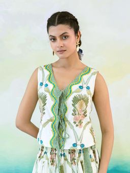 MoonTara - Women Multicolour Tropical Print Sleeveless Top with Scalloped Tie Front