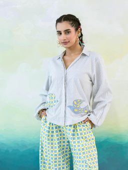 MoonTara - Blue Cotton Embroidered Bird Shirt