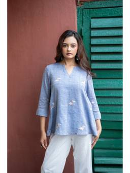 Sutra Art of Clothing - Powder Blue Jamdani Bird Motif Top