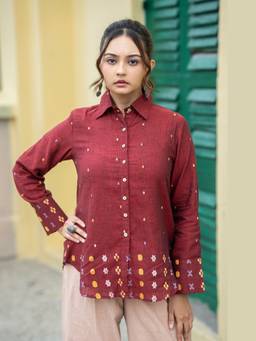 Sutra Art of Clothing - Maroon Heritage Handwoven Pure Cotton Jamdani Shirt