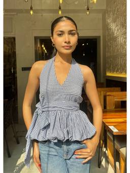 Shubh Shree Studio - Bubble Blue Gingham V-Neck Halter Hem Top