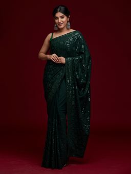 Koskii - Bottle Green Embellished Georgette Saree with Unstitched Blouse