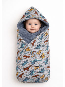 Florida - Grey Hooded Baby Swaddle Soft And Comfortable For New Born Dinasour Print (0-15 Months)