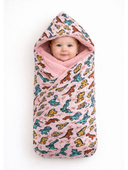 Florida - Pink Hooded Baby Swaddle Soft And Comfortable For New Born Dinasour Print (0-15 Months)