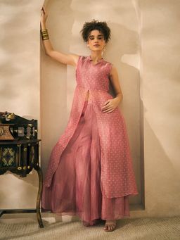 Deebaco - Pink Shimmer Butti Work Centre Slit Kurta with Palazzo
