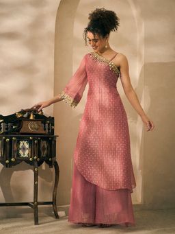 Deebaco - Pink Shimmer Crushed Butti Work One Shoulder Kurta with Palazzo