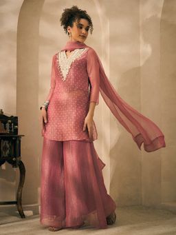 Deebaco - Pink Shimmer Crushed Butti Work Kurti with Palazzo and Dupatta