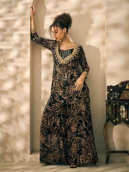 Deebaco - Black and Beige Printed Chiffon Kurti with Palazzo and Bustier