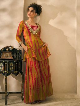 Deebaco - Olive Green Tie Dye Chiffon Deep Neck Kurti with Palazzo and Bustier