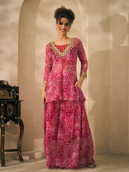 Deebaco - Magenta Abstract Print Chiffon Kurta with Palazzo and Bustier