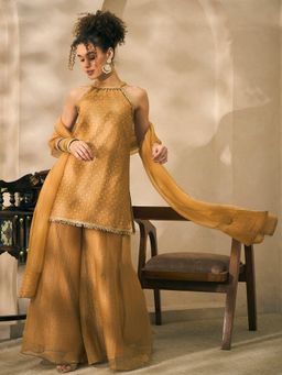 Deebaco - Halter Neck Golden Shimmer Kurta with Palazzo and Dupatta