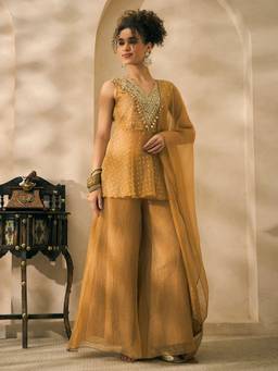 Deebaco - Shimmer Golden Butti Work Kurti with Palazzo and Dupatta