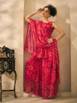 Deebaco - Pink Chiffon Floral Printed Kurti with Palazzo and Dupatta