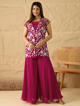 INDDUS - Women Floral Thread Embroidered Top with Inner & Palazzo Set (XS)