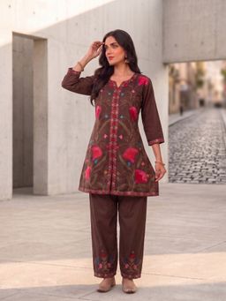 INDDUS - Women Floral Thread Embroidered A-Line Co-Ords Set