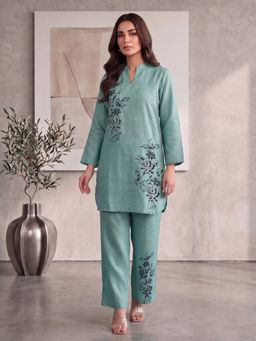 INDDUS - Women Cotton Linen Floral Printed Embroidered Co-Ords Set