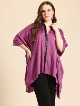 Qurvii - Purple Embellished Loose Fit Kaftan
