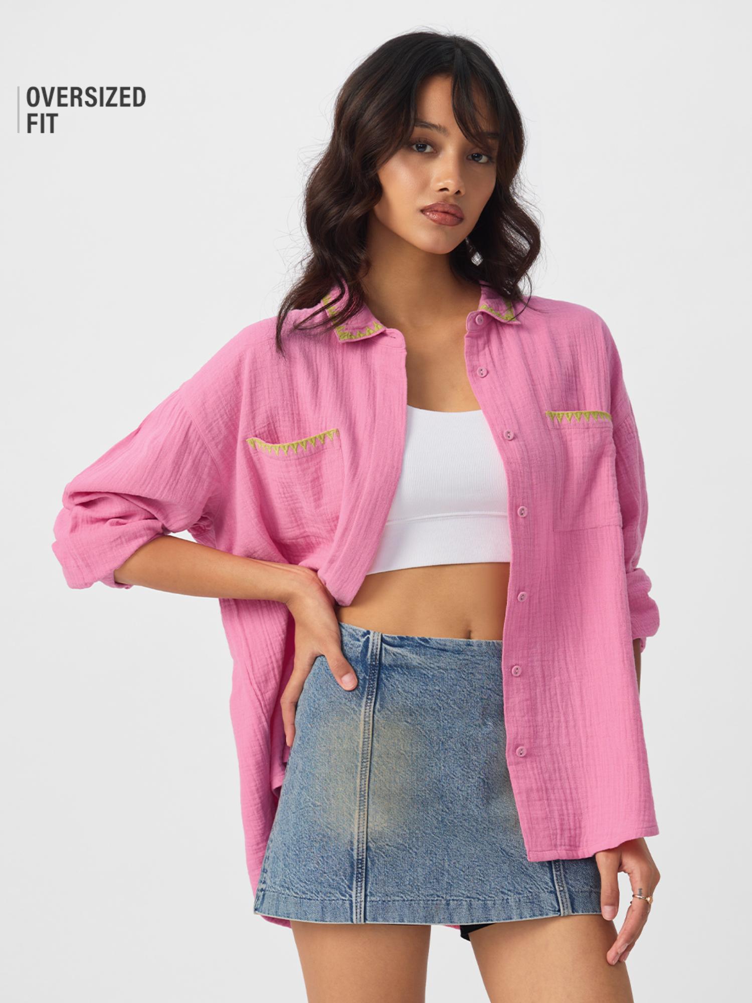 Pink Embroidered Oversized Fit Shirt-image-2