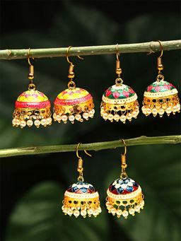 Yellow Chimes - Set of 3 pair Gold-Plated Meenakari Jhumka Earrings