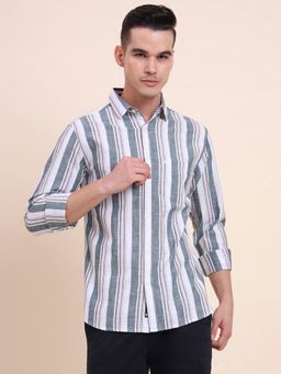 Greenfibre - Men Green Pure Cotton Striped Slim Fit Casual Shirt