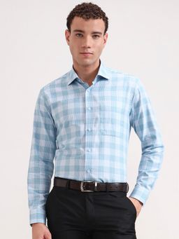 Metal - Men Blue Pure Cotton Checked Slim Fit Formal Shirt
