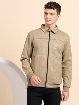 Glito - American Jacquard Fleece Cotton Beige Texture Pattern Full Zip Sweatshirt