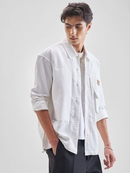 HIGHLANDER - Men White Textured Spread Collar Korean Style Oversized Overshirt