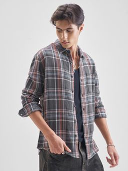 HIGHLANDER - Men Grey Dobby Checked Relaxed Overshirt