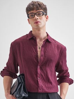 HIGHLANDER - Men Maroon Jacquard Textured Relaxed Casual Shirt