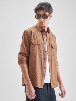 HIGHLANDER - Men Brown Dobby Textured Casual Shirt