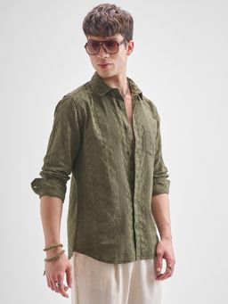 HIGHLANDER - Men Olive Dobby Textured Casual Shirt