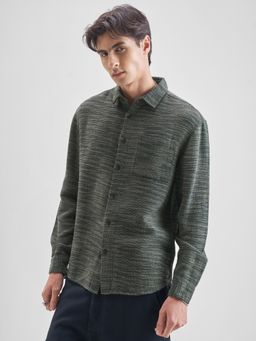 HIGHLANDER - Men Black Olive Dobby Textured Relaxed Casual Shirt
