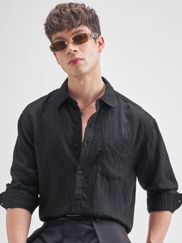 HIGHLANDER - Men Black Jacquard Seersucker Textured Relaxed Casual Shirt