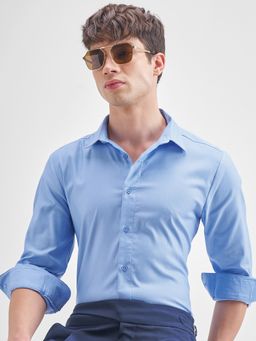 HIGHLANDER - Men Blue Jacquard Solid Occasion Casual Shirt