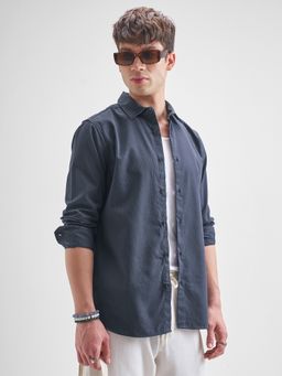 HIGHLANDER - Men Navy Blue Dobby Textured Relaxed Overshirt