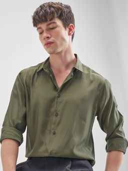 HIGHLANDER - Men Olive Silk Look Solid Evening Party Shirt