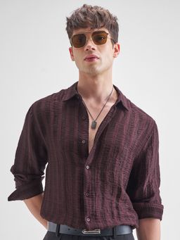 HIGHLANDER - Men Maroon Striped Double Cloth Evening Party Shirt