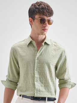 HIGHLANDER - Men Green Dobby Textured Relaxed Casual Shirt