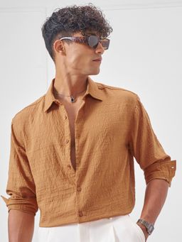 HIGHLANDER - Men Rust Dobby Textured Relaxed Casual Shirt