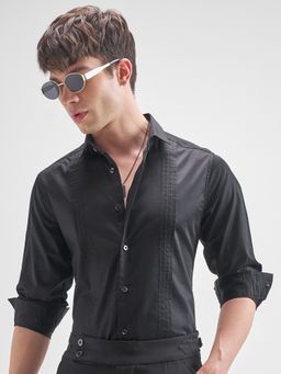 HIGHLANDER - Men Black Pleated Premium Satin Evening Casual Shirt