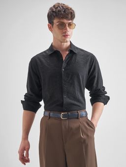 HIGHLANDER - Men Black Jacquard Evening Party Wear Shirt