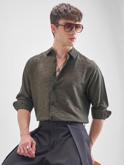 HIGHLANDER - Men Olive Jacquard Evening Party Wear Shirt