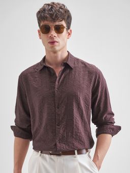 HIGHLANDER - Men Coffee Brown Jacquard Evening Party Wear Shirt